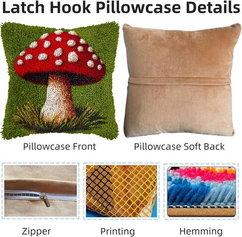 DIY Latch Hook Pillow Kits Red Mushroom Printed Pillowcase Crochet Yarns Hooking Handmade Pillow Cover Cushion for Home Sofa Decoration 17x17inch-2 in Saudi Arabia