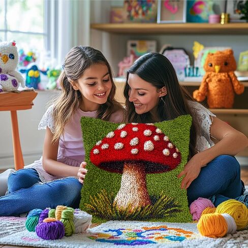 DIY Latch Hook Pillow Kits Red Mushroom Printed Pillowcase Crochet Yarns Hooking Handmade Pillow Cover Cushion for Home Sofa Decoration 17x17inch-2 in Saudi Arabia