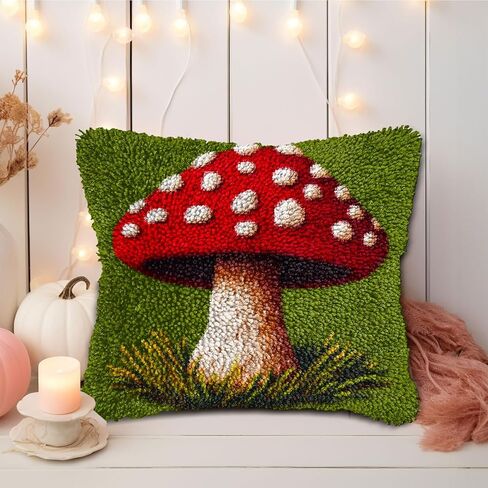 DIY Latch Hook Pillow Kits Red Mushroom Printed Pillowcase Crochet Yarns Hooking Handmade Pillow Cover Cushion for Home Sofa Decoration 17x17inch-2 in Saudi Arabia