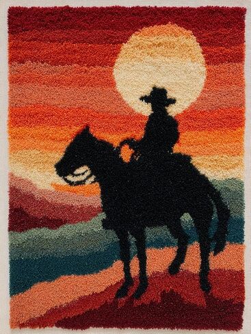 DIY Latch Hook Rug Kit Western Cowboy on Horse Sunset Background Easy for Beginners Crochet Yarn Hook and Latch Tapestry Mat Cushion Craft Set for Home Decor 38x52cm-3 in Saudi Arabia