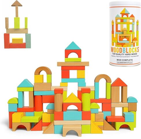 مجموعة مكعبات البناء الخشبية المكونة من 100 قطعة من MOD - تتضمن غطاءًا شديد التحمل لفرز الأشكال ودلو تخزين، مكعبات خشبية بألوان الباستيل، لعبة تعليمية خالية من الشاشة للأطفال الصغار من سن 1 2 3 in Kuwait