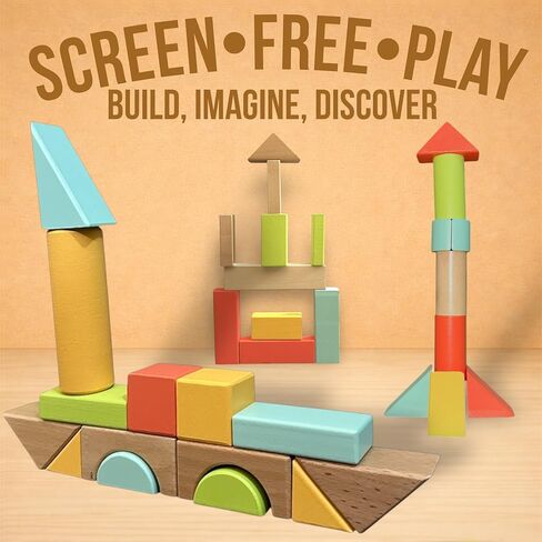 مجموعة مكعبات البناء الخشبية المكونة من 100 قطعة من MOD - تتضمن غطاءًا شديد التحمل لفرز الأشكال ودلو تخزين، مكعبات خشبية بألوان الباستيل، لعبة تعليمية خالية من الشاشة للأطفال الصغار من سن 1 2 3 in Kuwait