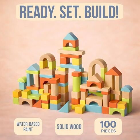 مجموعة مكعبات البناء الخشبية المكونة من 100 قطعة من MOD - تتضمن غطاءًا شديد التحمل لفرز الأشكال ودلو تخزين، مكعبات خشبية بألوان الباستيل، لعبة تعليمية خالية من الشاشة للأطفال الصغار من سن 1 2 3 in Kuwait