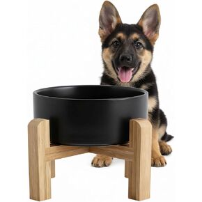 وعاء كلب سيراميك مرتفع من hjn مع حامل من الخيزران، محطة تغذية الحيوانات الأليفة المرتفعة للقطط والكلاب الصغيرة والمتوسطة، تصميم حديث مع قاعدة مضادة للانزلاق (أسود، 7.6 كوب) in Kuwait