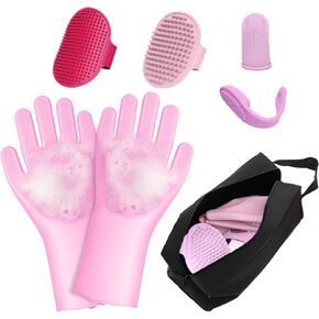 7-Piece Pet Grooming Kit with Storage Bag | Portable Bathing Set for Dogs & Cats | Includes Silicone Gloves, Deshedding Brushes & Finger Toothbrushes | All-in-One Pet Care (Pink) in Saudi Arabia