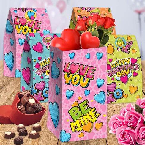 ArtCreativity 24 حقيبة عيد الحب مع 24 ملصقًا، هدية عيد الحب، حقيبة حلوى، حقائب هدايا لحفلات أعياد الميلاد، الزفاف، حفلات استقبال المولود الجديد وتفضلات الحفلات، صناديق من الورق المقوى اللطيفة بمقابض in Kuwait