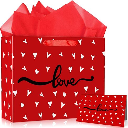 MDCGFOD 13" Valentines Gift Bags with Tissue Paper and Card, Valentine Day Gift Bag for Kids and Adults, Love Heart Treat Wrapping Bags for Valentines Day Wedding Anniversary Party Favors Supplies (red) in Saudi Arabia