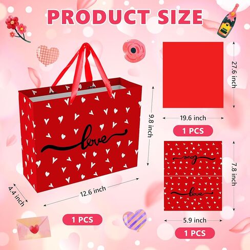 MDCGFOD 13" Valentines Gift Bags with Tissue Paper and Card, Valentine Day Gift Bag for Kids and Adults, Love Heart Treat Wrapping Bags for Valentines Day Wedding Anniversary Party Favors Supplies (red) in Saudi Arabia