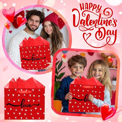 MDCGFOD 13" Valentines Gift Bags with Tissue Paper and Card, Valentine Day Gift Bag for Kids and Adults, Love Heart Treat Wrapping Bags for Valentines Day Wedding Anniversary Party Favors Supplies (red) in Saudi Arabia