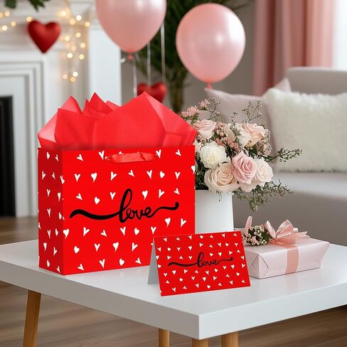 MDCGFOD 13" Valentines Gift Bags with Tissue Paper and Card, Valentine Day Gift Bag for Kids and Adults, Love Heart Treat Wrapping Bags for Valentines Day Wedding Anniversary Party Favors Supplies (red) in Saudi Arabia