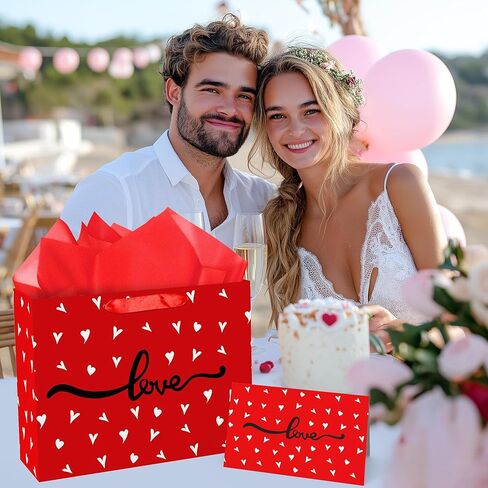 MDCGFOD 13" Valentines Gift Bags with Tissue Paper and Card, Valentine Day Gift Bag for Kids and Adults, Love Heart Treat Wrapping Bags for Valentines Day Wedding Anniversary Party Favors Supplies (red) in Saudi Arabia
