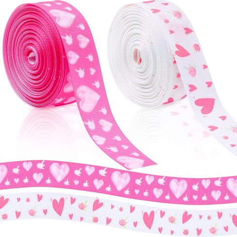 Chuangdi 2 Rolls 20 Yards Valentine's Day Hearts Ribbon 0.8'' Hearts Printed Pink White Wired Grosgrain Ribbon for Valentine's Day Gift Wrapping Decoration Hair Bows in Saudi Arabia