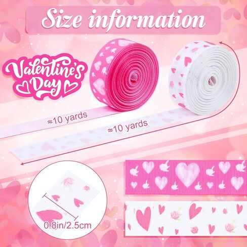 Chuangdi 2 Rolls 20 Yards Valentine's Day Hearts Ribbon 0.8'' Hearts Printed Pink White Wired Grosgrain Ribbon for Valentine's Day Gift Wrapping Decoration Hair Bows in Saudi Arabia