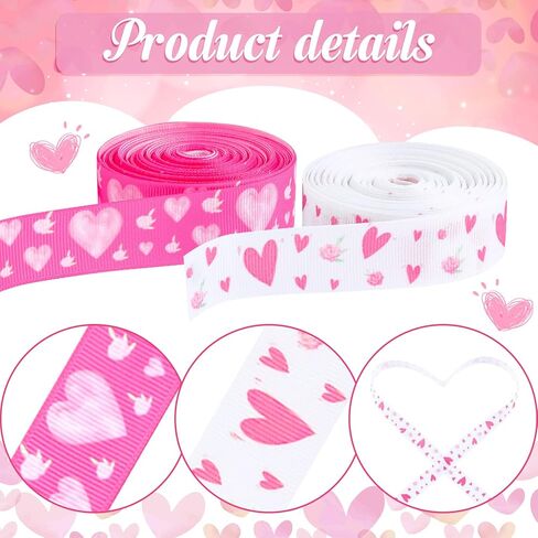 Chuangdi 2 Rolls 20 Yards Valentine's Day Hearts Ribbon 0.8'' Hearts Printed Pink White Wired Grosgrain Ribbon for Valentine's Day Gift Wrapping Decoration Hair Bows in Saudi Arabia