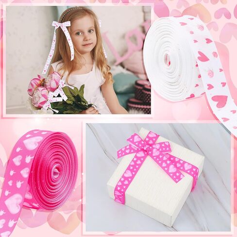 Chuangdi 2 Rolls 20 Yards Valentine's Day Hearts Ribbon 0.8'' Hearts Printed Pink White Wired Grosgrain Ribbon for Valentine's Day Gift Wrapping Decoration Hair Bows in Saudi Arabia