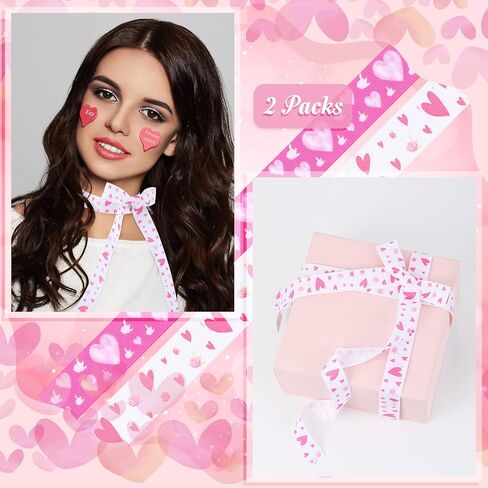 Chuangdi 2 Rolls 20 Yards Valentine's Day Hearts Ribbon 0.8'' Hearts Printed Pink White Wired Grosgrain Ribbon for Valentine's Day Gift Wrapping Decoration Hair Bows in Saudi Arabia
