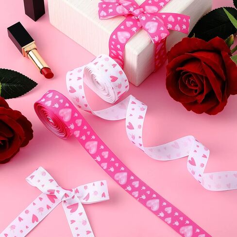 Chuangdi 2 Rolls 20 Yards Valentine's Day Hearts Ribbon 0.8'' Hearts Printed Pink White Wired Grosgrain Ribbon for Valentine's Day Gift Wrapping Decoration Hair Bows in Saudi Arabia