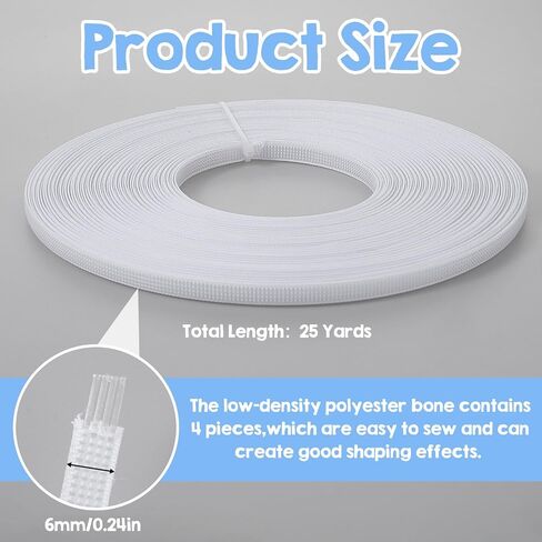 Shimmeroo Boning for Sewing, 25 Yards Corset Boning for Sewing Corset Making Wedding Dress Bridal Evening Gowns Crafts, Plastic, Sew-Through, 6mm in Kuwait