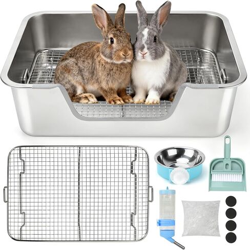 Rypet Large Rabbit Litter Box, Bunny Litter Box High Side with 304 Stainless Steel Sifting Tray, Metal Small Animal Litter Pan with Pet Food Bowl and Water Bottle, Non-Slip Easy to Clean Odor Control in Saudi Arabia
