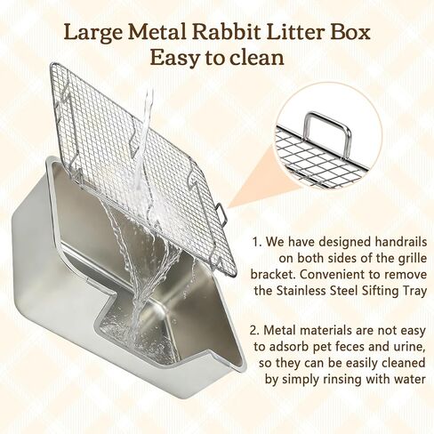 Rypet Large Rabbit Litter Box, Bunny Litter Box High Side with 304 Stainless Steel Sifting Tray, Metal Small Animal Litter Pan with Pet Food Bowl and Water Bottle, Non-Slip Easy to Clean Odor Control in Saudi Arabia