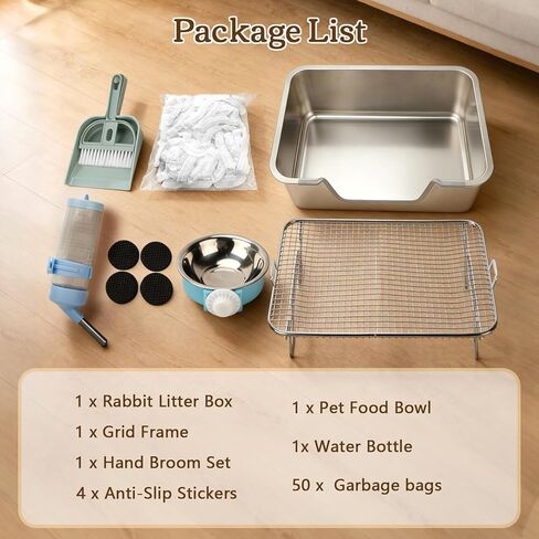 Rypet Large Rabbit Litter Box, Bunny Litter Box High Side with 304 Stainless Steel Sifting Tray, Metal Small Animal Litter Pan with Pet Food Bowl and Water Bottle, Non-Slip Easy to Clean Odor Control in Saudi Arabia