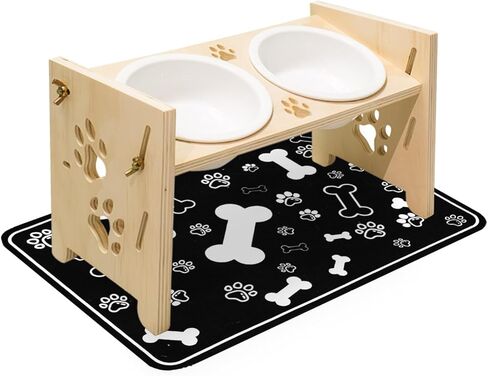 2026 New Elevated Cat Bowls with Food Mat, Adjustable Height & Angle Raised Cat & Dog Bowls Stand for Food and Water, Cat or Small Dog Feeding Station, 2 Ceramic Bowls for Cats and Puppy(Natural Wood) in Saudi Arabia