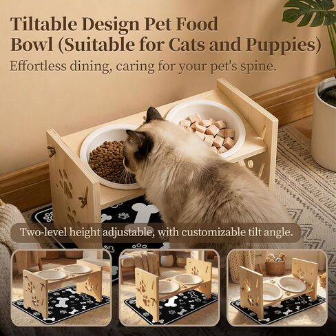 2026 New Elevated Cat Bowls with Food Mat, Adjustable Height & Angle Raised Cat & Dog Bowls Stand for Food and Water, Cat or Small Dog Feeding Station, 2 Ceramic Bowls for Cats and Puppy(Natural Wood) in Saudi Arabia
