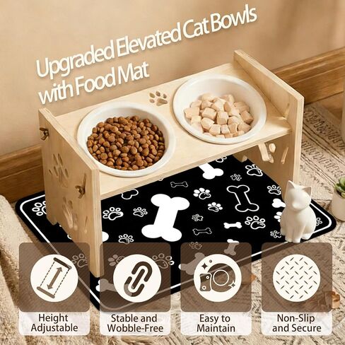 2026 New Elevated Cat Bowls with Food Mat, Adjustable Height & Angle Raised Cat & Dog Bowls Stand for Food and Water, Cat or Small Dog Feeding Station, 2 Ceramic Bowls for Cats and Puppy(Natural Wood) in Saudi Arabia