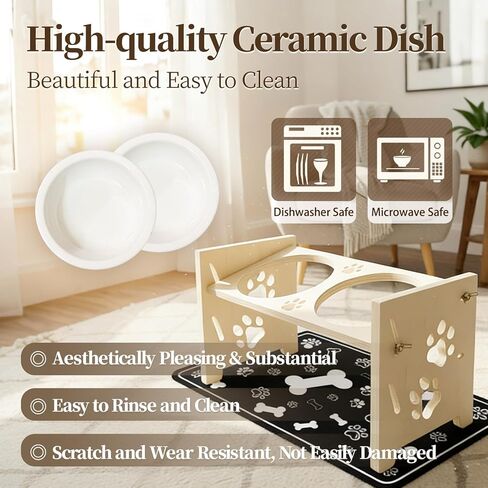 2026 New Elevated Cat Bowls with Food Mat, Adjustable Height & Angle Raised Cat & Dog Bowls Stand for Food and Water, Cat or Small Dog Feeding Station, 2 Ceramic Bowls for Cats and Puppy(Natural Wood) in Saudi Arabia