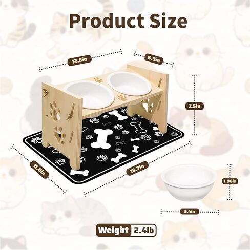 2026 New Elevated Cat Bowls with Food Mat, Adjustable Height & Angle Raised Cat & Dog Bowls Stand for Food and Water, Cat or Small Dog Feeding Station, 2 Ceramic Bowls for Cats and Puppy(Natural Wood) in Saudi Arabia