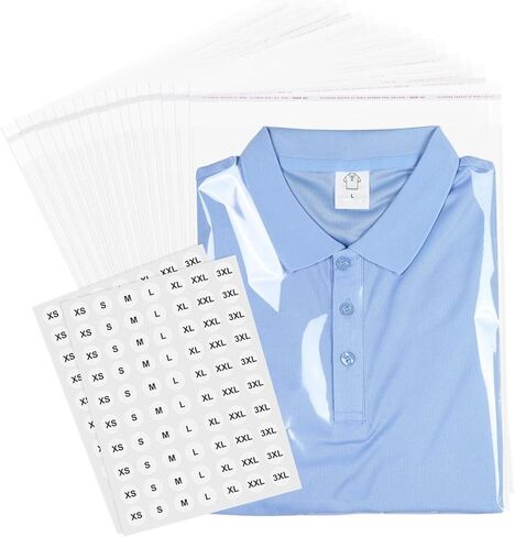 100 Pcs (10x14 Inch) Self Sealing Cellophane Bags, Clear Resealable Poly Bags for Clothes, Premium Shirt Packaging Bag with Clothing Size Stickers for Small Business in Saudi Arabia