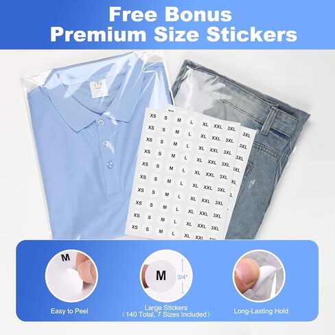 100 Pcs (10x14 Inch) Self Sealing Cellophane Bags, Clear Resealable Poly Bags for Clothes, Premium Shirt Packaging Bag with Clothing Size Stickers for Small Business in Saudi Arabia