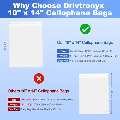 100 Pcs (10x14 Inch) Self Sealing Cellophane Bags, Clear Resealable Poly Bags for Clothes, Premium Shirt Packaging Bag with Clothing Size Stickers for Small Business in Saudi Arabia