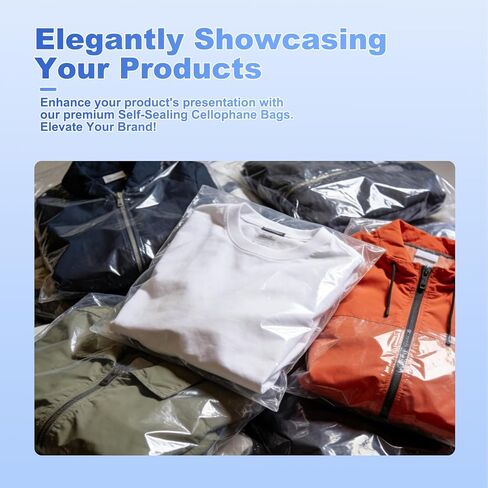 100 Pcs (10x14 Inch) Self Sealing Cellophane Bags, Clear Resealable Poly Bags for Clothes, Premium Shirt Packaging Bag with Clothing Size Stickers for Small Business in Saudi Arabia