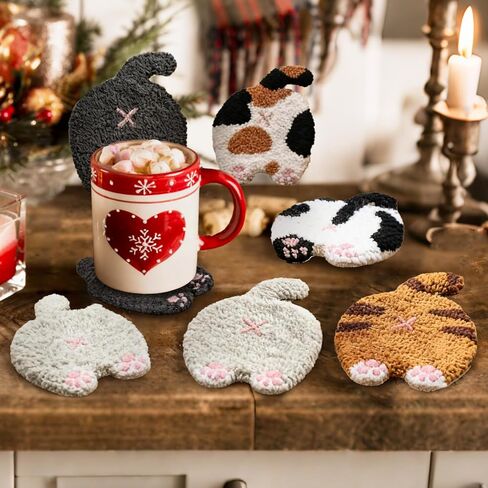 JarThenaAMCS 26 Pcs Pet Punch Needle Coaster Kits Cat Crafts Coasters Kit with Adhesive Felt Yarns Embroidery Hoop Instruction for Adults Beginners DIY Decor in Saudi Arabia