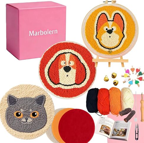 Marbolern 3-in-1 Punch Needle Kit for Beginners, All-in-One Embroidery Set with Pre-Printed Cute Pet Fabric, Plenty of Yarns, Hoop, Tools & Instructions, Gift & Home Decor in Saudi Arabia