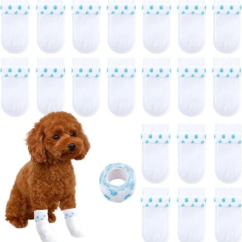 20 Pcs White Disposable Dog Boots for Paw Protection, Adjustable with Adhesive Tape for Small Medium Large Dogs, Socks to Prevent Paw Licking & Wounds (S (5-16lb)) in Kuwait