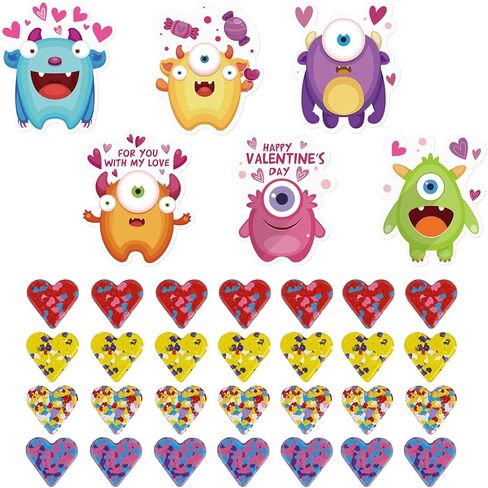 PARSUP 28 حزمة من بطاقات Monster Valentine + أقلام تلوين على شكل قلب (4 ألوان) - هدايا تبادل في الفصل الدراسي بدون حلوى، أقلام تلوين بحجم الأطفال + بطاقات وحش لطيفة لهدايا حفلات عيد الحب in Kuwait