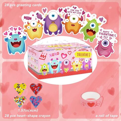 PARSUP 28 حزمة من بطاقات Monster Valentine + أقلام تلوين على شكل قلب (4 ألوان) - هدايا تبادل في الفصل الدراسي بدون حلوى، أقلام تلوين بحجم الأطفال + بطاقات وحش لطيفة لهدايا حفلات عيد الحب in Kuwait