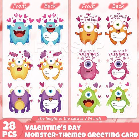 PARSUP 28 حزمة من بطاقات Monster Valentine + أقلام تلوين على شكل قلب (4 ألوان) - هدايا تبادل في الفصل الدراسي بدون حلوى، أقلام تلوين بحجم الأطفال + بطاقات وحش لطيفة لهدايا حفلات عيد الحب in Kuwait