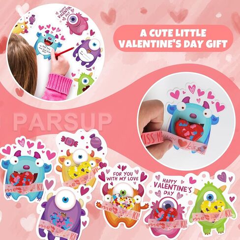 PARSUP 28 حزمة من بطاقات Monster Valentine + أقلام تلوين على شكل قلب (4 ألوان) - هدايا تبادل في الفصل الدراسي بدون حلوى، أقلام تلوين بحجم الأطفال + بطاقات وحش لطيفة لهدايا حفلات عيد الحب in Kuwait