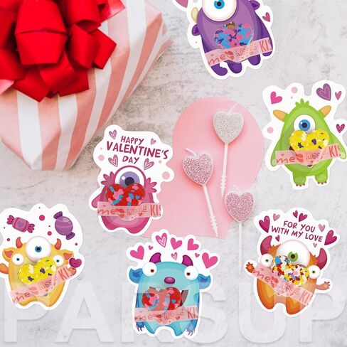 PARSUP 28 حزمة من بطاقات Monster Valentine + أقلام تلوين على شكل قلب (4 ألوان) - هدايا تبادل في الفصل الدراسي بدون حلوى، أقلام تلوين بحجم الأطفال + بطاقات وحش لطيفة لهدايا حفلات عيد الحب in Kuwait