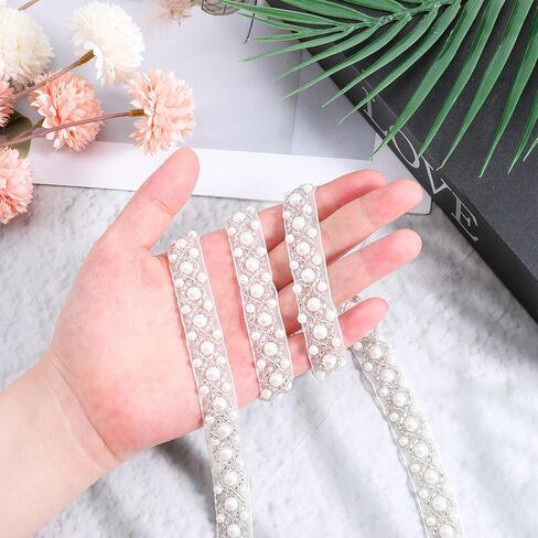 2 ياردة لؤلؤة مطرزة بخرز من الدانتيل، حافة مطرزة باللؤلؤ، شريط دانتيل للزفاف، أشرطة حافة لخياطة فستان الزفاف، ملابس الحفلات، مشغولات قماشية لتزيين الزفاف DIY (أبيض) in Kuwait