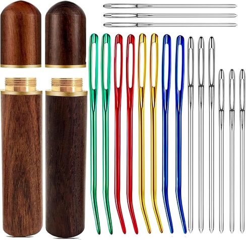 Fbshicung 19pcs Large Eye Sewing Needles Kit, Stainless Steel Large-Eye Blunt Needles & Bent Tapestry Needles, Sharp Tapestry Needles Hand Knitting Needles with Wooden Needle Case in Saudi Arabia