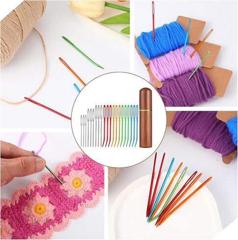 21PCS Large Eye Sewing Needles Kit with Wooden Storage Box, Bent Tapestry Needles and Large-Eye Blunt Needle, Sharp Large-Eye Yarn Needle for Crochet Sewing Yarn Embroidery Projects in Saudi Arabia