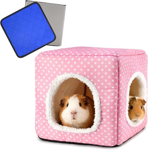 Guinea Pig Hideout with 2 Removable Mat, Two Entrances, Dwarf Rabbit Bed, Washable Bunny House, Small Pet Accessories Pink Dot in Kuwait