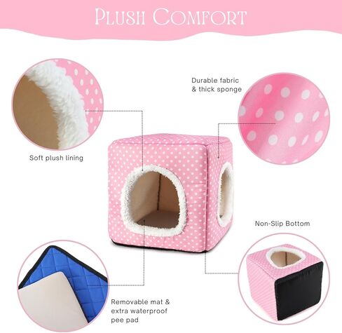 Guinea Pig Hideout with 2 Removable Mat, Two Entrances, Dwarf Rabbit Bed, Washable Bunny House, Small Pet Accessories Pink Dot in Kuwait