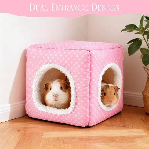 Guinea Pig Hideout with 2 Removable Mat, Two Entrances, Dwarf Rabbit Bed, Washable Bunny House, Small Pet Accessories Pink Dot in Kuwait