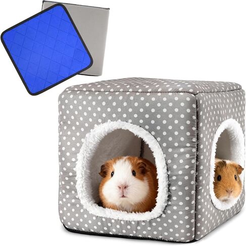 Guinea Pig Hideout with 2 Removable Mat, Two Entrances, Dwarf Rabbit Bed, Washable Bunny House, Small Pet Accessories Pink Dot in Kuwait