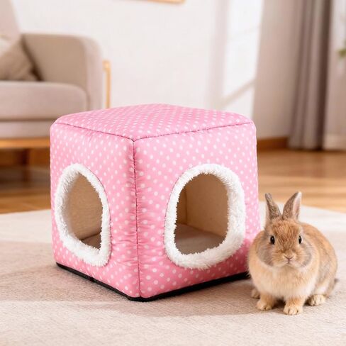 Guinea Pig Hideout with 2 Removable Mat, Two Entrances, Dwarf Rabbit Bed, Washable Bunny House, Small Pet Accessories Pink Dot in Kuwait
